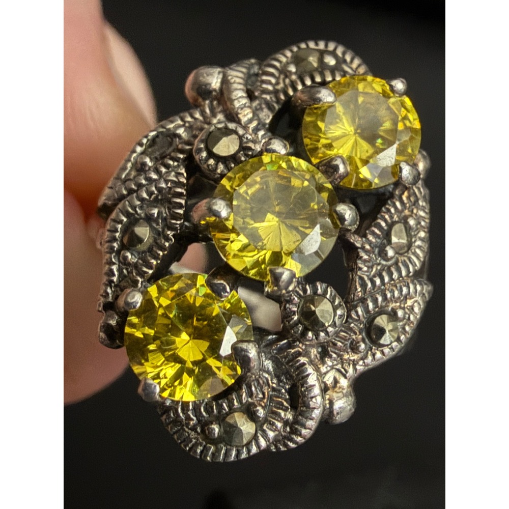 Vintage Sterling Silver Ring Yellow Rhinestone Marcasite 925